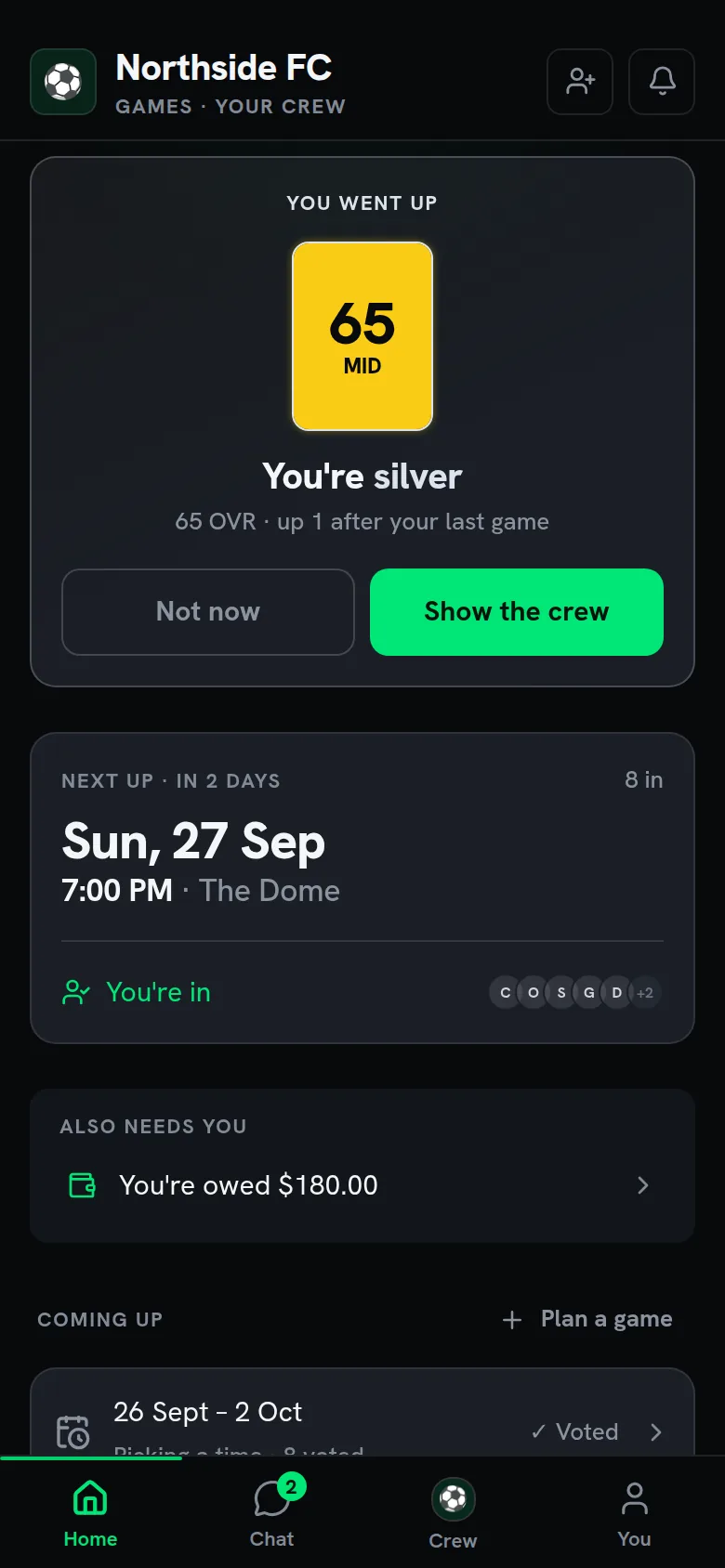 VamoKora home screen: tier promotion card, the next game, and money owed